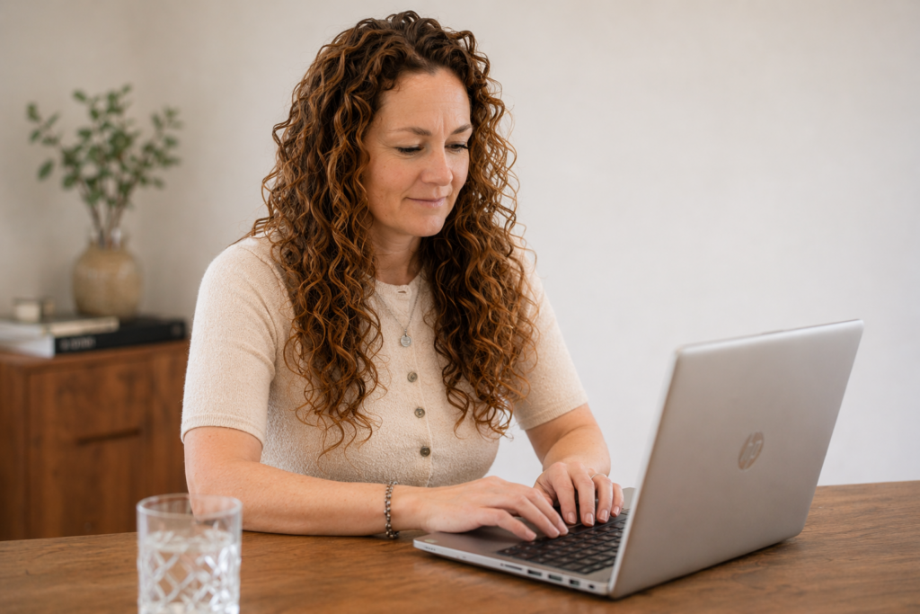 Hayley Jayne working on a laptop providing virtual assistant and administrative support services in Kent.